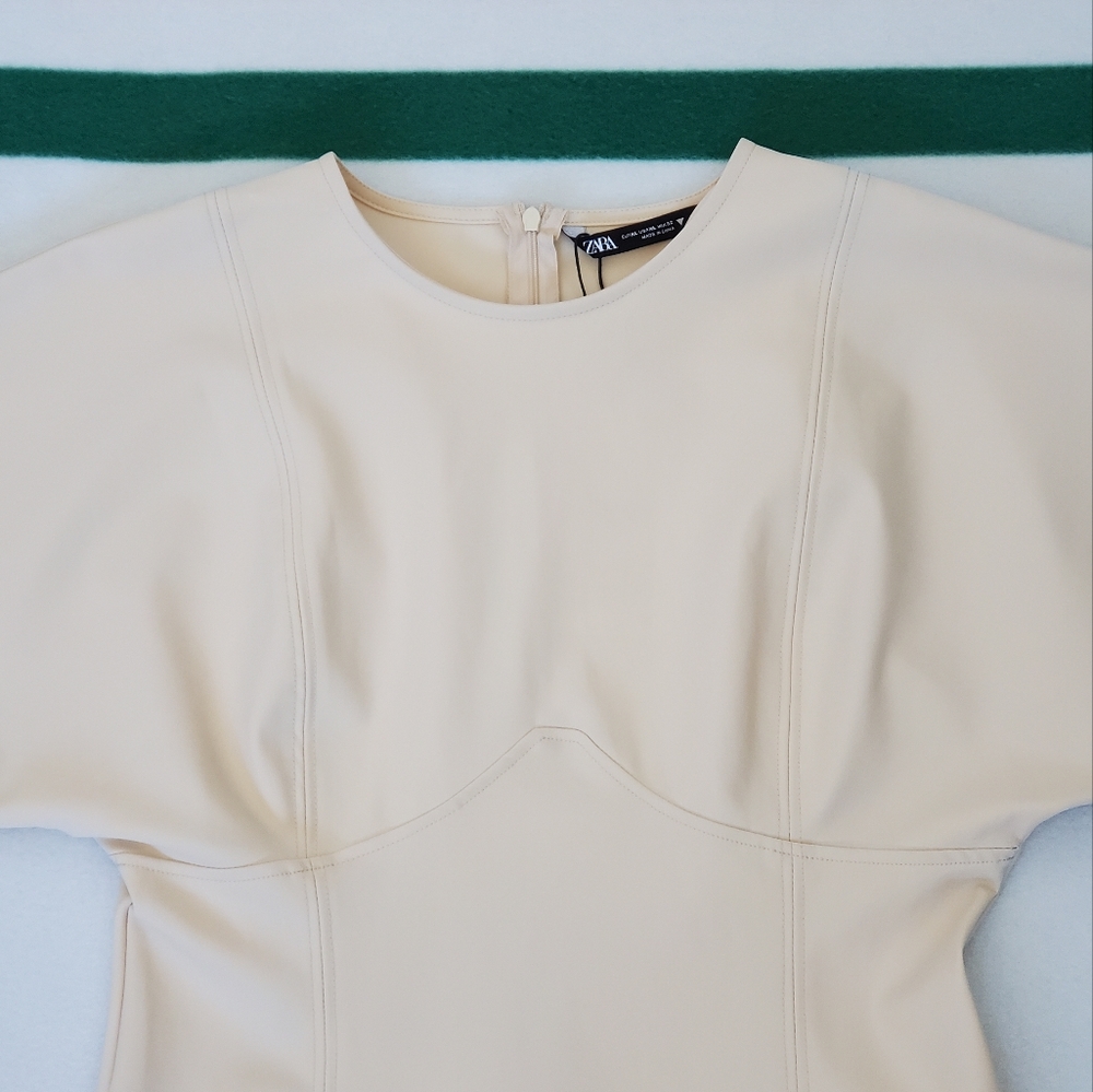 NWT Zara Long Sleeve Neoprene Cream Mini Dress - Picture 5 of 12